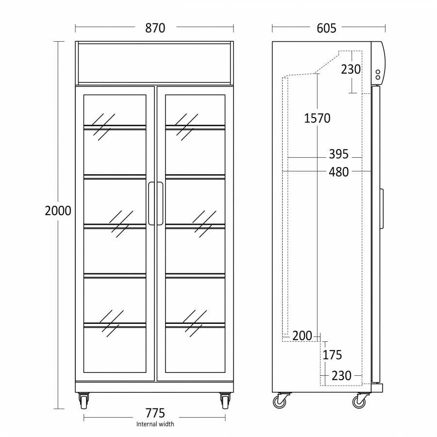 MG Hofmann Getränkekühlschrank schwarz mit 2 klappbaren Glastüren und Werbedisplay | 569 Liter